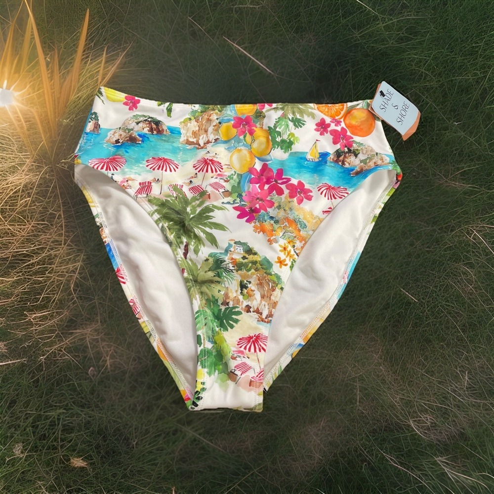 Shade & Shore Women Sz M High Waist Cheeky Bikini Bottoms Tropical Lemon Print